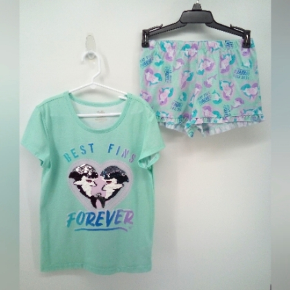 ⭐3/$30 Justice Girls Best Fins Forever Sequin Dolphin Pajama Shorts Set 10